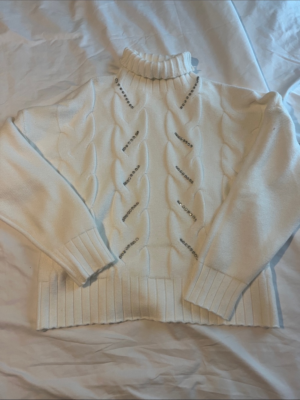 Embellished Cream Cable Turtleneck Sweater